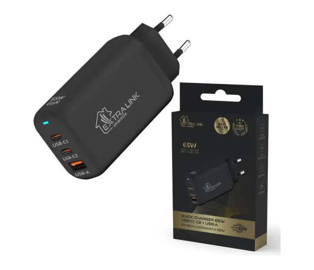 ExtraLink SMART LIFE GAN CHARGER 65W, 2xUSB-C+USB-A, BLACK, CHARESL02 - 1570042 - zdjęcie