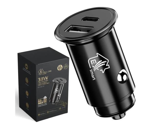 ExtraLink SMART LIFE CAR CHARGER 38W 1X USB-C 1X USB-A BLACK - 1570045 - zdjęcie
