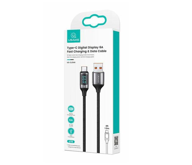 USAMS Kabel pleciony U78 USB-C 1,2m LED 6A Fast Charging biały - 1569015 - zdjęcie 2