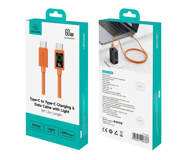 USAMS Kabel PD 60W USB-C/USB-C 1,2m pomarańczowy - 1569113 - zdjęcie 12
