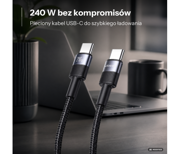 USAMS Kabel pleciony 240W USB-C/USB-C 1,2m stalowy - 1569087 - zdjęcie 2