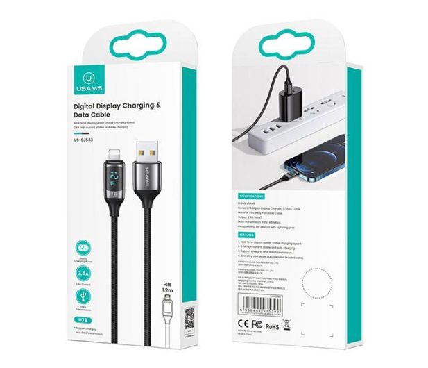 USAMS Kabel pleciony lightning 1,2m LED 2,4A srebrno-czarny - 1569026 - zdjęcie 7