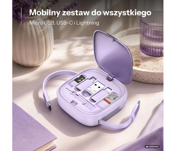 USAMS Kabel rozwijany z pudełkiem MicroUSB/USB-C/Light 60W fiolet - 1568991 - zdjęcie 2