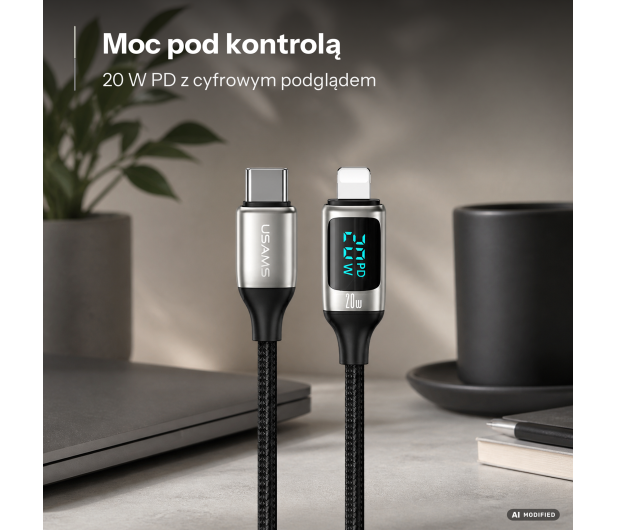 USAMS Kabel pleciony USB-C/Lightning LED 1,2m 20W PD Fast Charge - 1568999 - zdjęcie 2