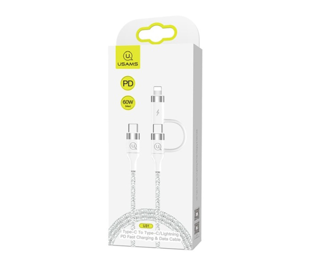 USAMS Kabel pleciony U31 USB-C na USB-C/lightning 60W PD biały - 1569009 - zdjęcie