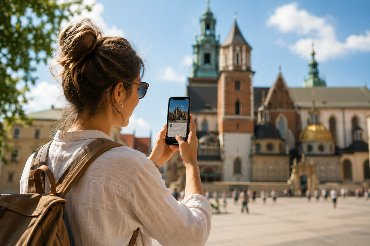 Turystka z telefonem przed zabytkową katedrą