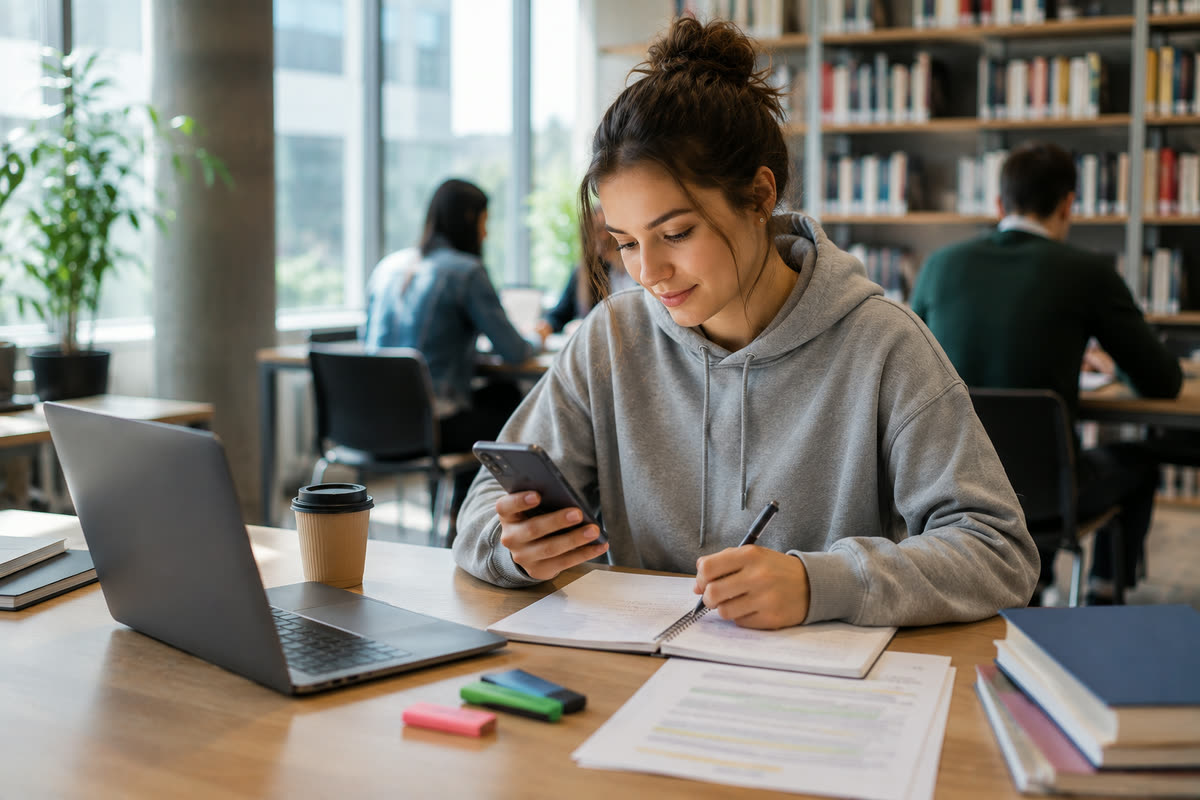 Studentka w bibliotece robi notatki, korzystając z telefonu