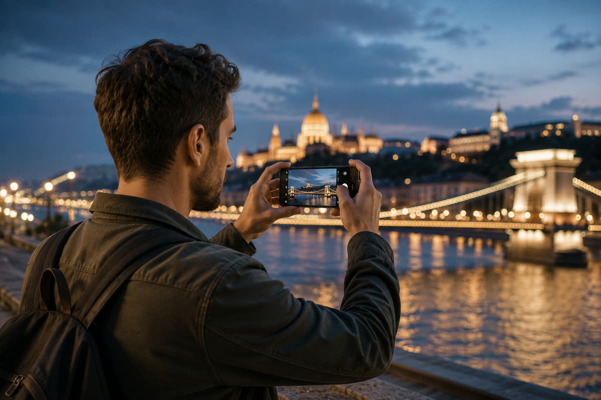 Mężczyzna fotografuje telefonem nocną panoramę miasta