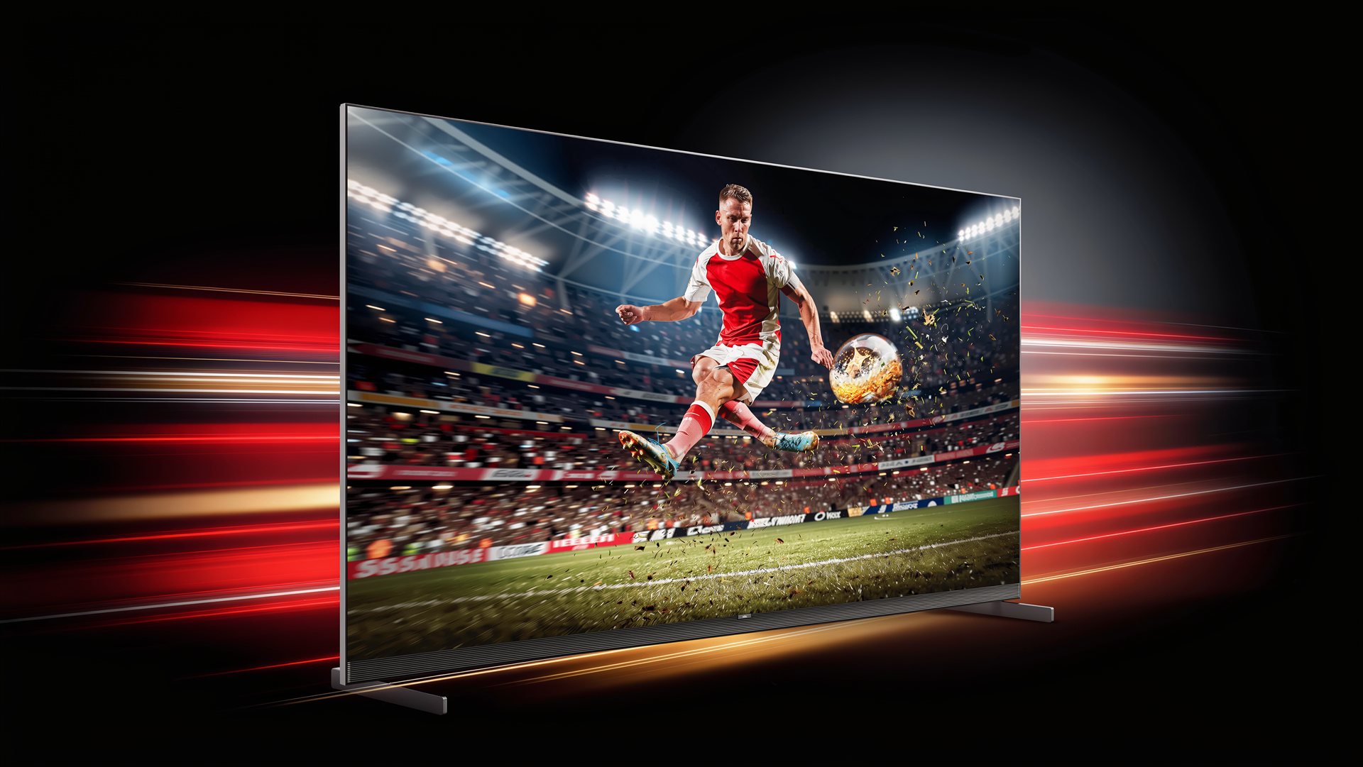 Telewizor TCL ze sceną strzału piłkarza, smugi prędkości - 144 Hz